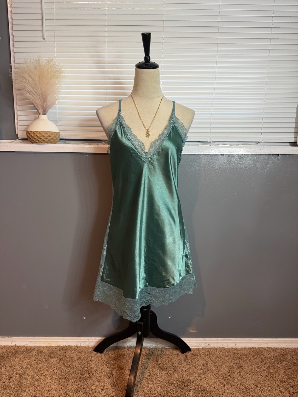 Satin Lace V-Neck Chemise Slip in Teal Green
